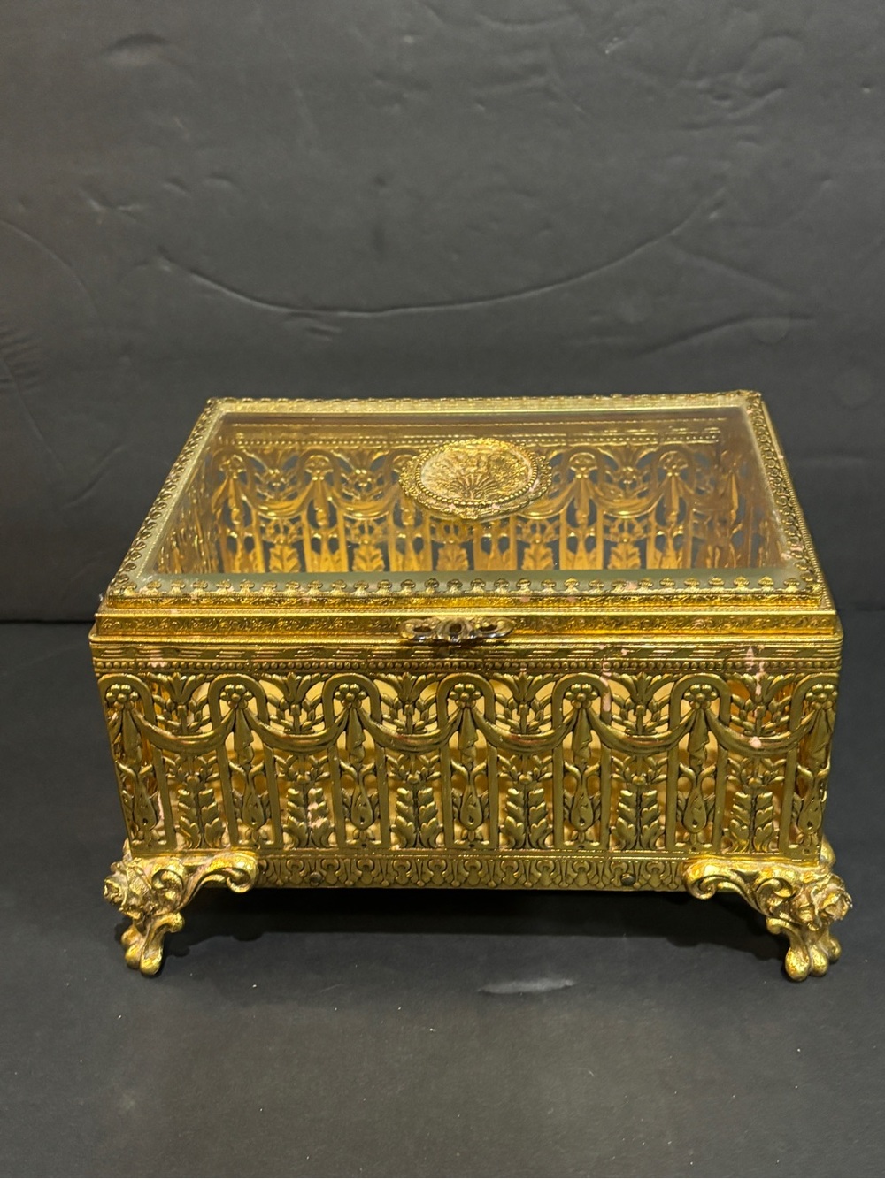 1950s Italian Renaissance Revival Brass Glass Jewelry Trinket Dresser Box 8”